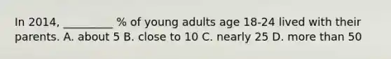 In 2014, _________ % of young adults age 18-24 lived with their parents. A. about 5 B. close to 10 C. nearly 25 D. more than 50