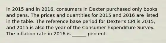 In 2015 and in​ 2016, consumers in Dexter purchased only books and pens. The prices and quantities for 2015 and 2016 are listed in the table. The reference base period for​ Dexter's CPI is​ 2015, and 2015 is also the year of the Consumer Expenditure Survey. The inflation rate in 2016 is​ ______ percent.