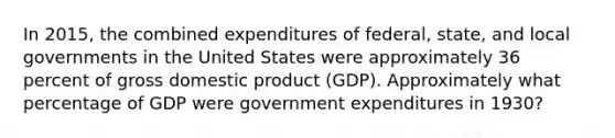 In 2015, the combined expenditures of federal, state, and local governments in the United States were approximately 36 percent of gross domestic product (GDP). Approximately what percentage of GDP were government expenditures in 1930?