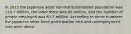 In 2015 the Japanese adult non-institutionalized population was 110.7 million, the labor force was 66 million, and the number of people employed was 63.7 million. According to these numbers the Japanese labor force participation rate and unemployment rate were about