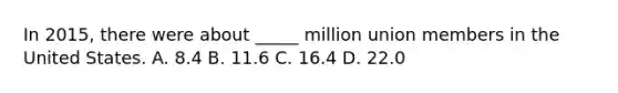 In 2015, there were about _____ million union members in the United States. A. 8.4 B. 11.6 C. 16.4 D. 22.0