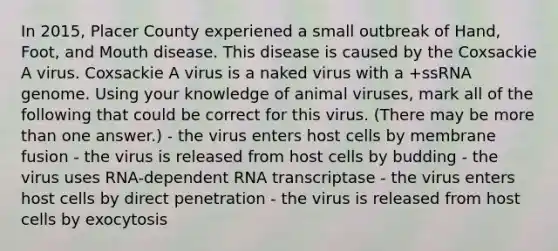 In 2015, Placer County experiened a small outbreak of Hand, Foot, and Mouth disease. This disease is caused by the Coxsackie A virus. Coxsackie A virus is a naked virus with a +ssRNA genome. Using your knowledge of animal viruses, mark all of the following that could be correct for this virus. (There may be <a href='https://www.questionai.com/knowledge/keWHlEPx42-more-than' class='anchor-knowledge'>more than</a> one answer.) - the virus enters host cells by membrane fusion - the virus is released from host cells by budding - the virus uses RNA-dependent RNA transcriptase - the virus enters host cells by direct penetration - the virus is released from host cells by exocytosis