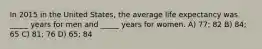 In 2015 in the United States, the average life expectancy was _____ years for men and _____ years for women. A) 77; 82 B) 84; 65 C) 81; 76 D) 65; 84