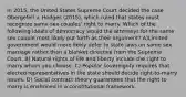 In 2015, the United States Supreme Court decided the case Obergefell v. Hodges (2015), which ruled that states must recognize same sex couples' right to marry. Which of the following ideals of democracy would the attorneys for the same sex couple most likely put forth as their argument? A)Limited government would more likely defer to state laws on same sex marriage rather than a blanket directive from the Supreme Court. B) Natural rights of life and liberty include the right to marry whom you choose. C) Popular sovereignty requires that elected representatives in the state should decide right-to-marry issues. D) Social contract theory guarantees that the right to marry is enshrined in a constitutional framework.