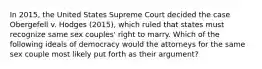 In 2015, the United States Supreme Court decided the case Obergefell v. Hodges (2015), which ruled that states must recognize same sex couples' right to marry. Which of the following ideals of democracy would the attorneys for the same sex couple most likely put forth as their argument?