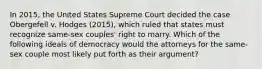 In 2015, the United States Supreme Court decided the case Obergefell v. Hodges (2015), which ruled that states must recognize same-sex couples' right to marry. Which of the following ideals of democracy would the attorneys for the same-sex couple most likely put forth as their argument?