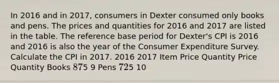 In 2016 and in​ 2017, consumers in Dexter consumed only books and pens. The prices and quantities for 2016 and 2017 are listed in the table. The reference base period for​ Dexter's CPI is 2016 and 2016 is also the year of the Consumer Expenditure Survey. Calculate the CPI in 2017. 2016 2017 Item Price Quantity Price Quantity Books ​8 7 ​5 9 Pens ​7 2 ​5 10