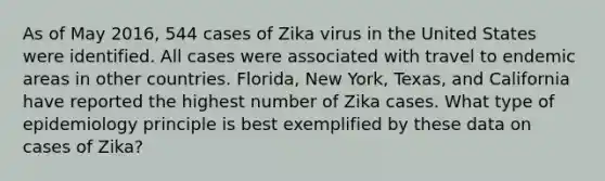 As of May 2016, 544 cases of Zika virus in the United States were identified. All cases were associated with travel to endemic areas in other countries. Florida, New York, Texas, and California have reported the highest number of Zika cases. What type of epidemiology principle is best exemplified by these data on cases of Zika?