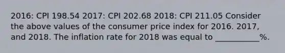 2016: CPI 198.54 2017: CPI 202.68 2018: CPI 211.05 Consider the above values of the consumer price index for 2016. 2017, and 2018. The inflation rate for 2018 was equal to ___________%.