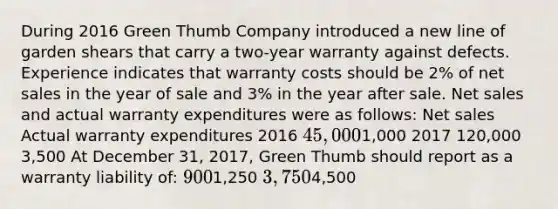 During 2016 Green Thumb Company introduced a new line of garden shears that carry a two-year warranty against defects. Experience indicates that warranty costs should be 2% of net sales in the year of sale and 3% in the year after sale. Net sales and actual warranty expenditures were as follows: Net sales Actual warranty expenditures 2016 45,0001,000 2017 120,000 3,500 At December 31, 2017, Green Thumb should report as a warranty liability of: 9001,250 3,7504,500