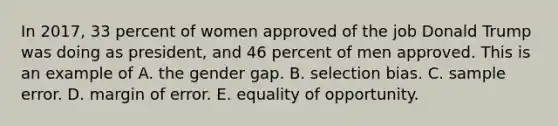 In 2017, 33 percent of women approved of the job Donald Trump was doing as president, and 46 percent of men approved. This is an example of A. the gender gap. B. selection bias. C. sample error. D. margin of error. E. equality of opportunity.