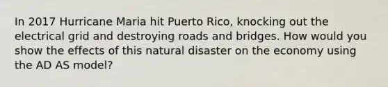 In 2017 Hurricane Maria hit Puerto Rico, knocking out the electrical grid and destroying roads and bridges. How would you show the effects of this natural disaster on the economy using the AD AS model?