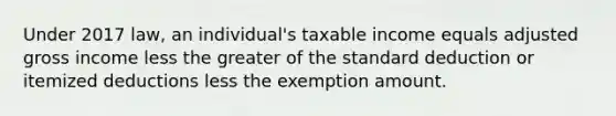 Under 2017 law, an individual's taxable income equals adjusted gross income less the greater of the standard deduction or itemized deductions less the exemption amount.