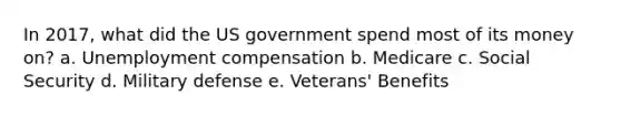 In 2017, what did the US government spend most of its money on? a. Unemployment compensation b. Medicare c. Social Security d. Military defense e. Veterans' Benefits