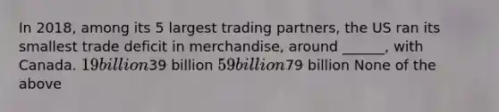 In 2018, among its 5 largest trading partners, the US ran its smallest trade deficit in merchandise, around ______, with Canada. 19 billion39 billion 59 billion79 billion None of the above