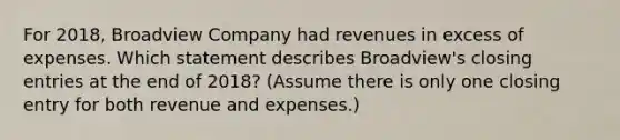 For 2018​, Broadview Company had revenues in excess of expenses. Which statement describes Broadview​'s closing entries at the end of 2018​? ​(Assume there is only one closing entry for both revenue and​ expenses.)