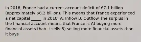 In 2018, France had a current account deficit of €7.1 billion (approximately 8.3 billion). This means that France experienced a net capital _____ in 2018. A. Inflow B. Outflow The surplus in the financial account means that France is A) buying more financial assets than it sells B) selling more financial assets than it buys