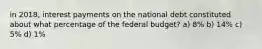 in 2018, interest payments on the national debt constituted about what percentage of the federal budget? a) 8% b) 14% c) 5% d) 1%