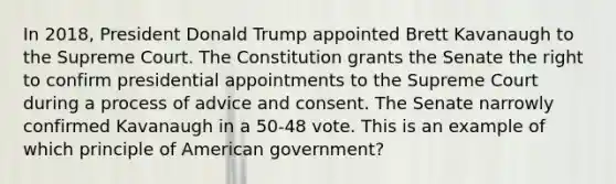 In 2018, President Donald Trump appointed Brett Kavanaugh to the Supreme Court. The Constitution grants the Senate the right to confirm presidential appointments to the Supreme Court during a process of advice and consent. The Senate narrowly confirmed Kavanaugh in a 50-48 vote. This is an example of which principle of American government?