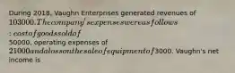 During 2018, Vaughn Enterprises generated revenues of 103000. The company's expenses were as follows: cost of goods sold of50000, operating expenses of 21000 and a loss on the sale of equipment of3000. Vaughn's net income is