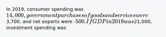 In 2019, consumer spending was 14,000, government purchases of goods and services were3,700, and net exports were -500. If GDP in 2019 was21,000, investment spending was