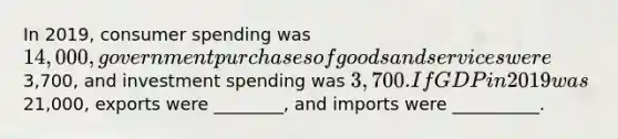 In 2019, consumer spending was 14,000, government purchases of goods and services were3,700, and investment spending was 3,700. If GDP in 2019 was21,000, exports were ________, and imports were __________.