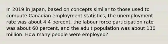 In 2019 in Japan, based on concepts similar to those used to compute Canadian employment statistics, the unemployment rate was about 4.4 percent, the labour force participation rate was about 60 percent, and the adult population was about 130 million. How many people were employed?