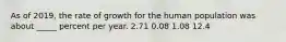 As of 2019, the rate of growth for the human population was about _____ percent per year. 2.71 0.08 1.08 12.4