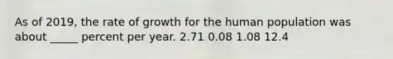 As of 2019, the rate of growth for the human population was about _____ percent per year. 2.71 0.08 1.08 12.4