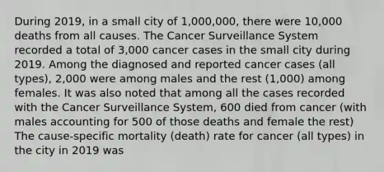 During 2019, in a small city of 1,000,000, there were 10,000 deaths from all causes. The Cancer Surveillance System recorded a total of 3,000 cancer cases in the small city during 2019. Among the diagnosed and reported cancer cases (all types), 2,000 were among males and the rest (1,000) among females. It was also noted that among all the cases recorded with the Cancer Surveillance System, 600 died from cancer (with males accounting for 500 of those deaths and female the rest) The cause-specific mortality (death) rate for cancer (all types) in the city in 2019 was