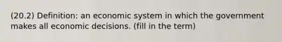 (20.2) Definition: an economic system in which the government makes all economic decisions. (fill in the term)