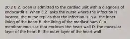 20.2 E.Z. Goen is admitted to the cardiac unit with a diagnosis of endocarditis. When E.Z. asks the nurse where the infection is located, the nurse replies that the infection is in A. the inner lining of the heart B. the lining of the mediastinum C, a membraneous sac that encloses the heart wall D. the muscular layer of the heart E. the outer layer of the heart wall