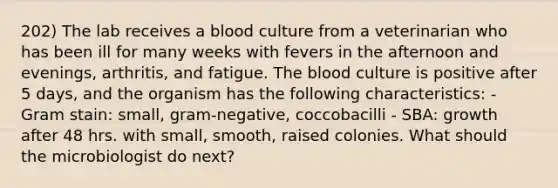 202) The lab receives a blood culture from a veterinarian who has been ill for many weeks with fevers in the afternoon and evenings, arthritis, and fatigue. The blood culture is positive after 5 days, and the organism has the following characteristics: - Gram stain: small, gram-negative, coccobacilli - SBA: growth after 48 hrs. with small, smooth, raised colonies. What should the microbiologist do next?