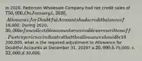 In 2020, Patterson Wholesale Company had net credit sales of 750,000. On January 1, 2020, Allowance for Doubtful Accounts had a credit balance of18,000. During 2020, 30,000 of uncollectible accounts receivable were written off. Past experience indicates that the allowance should be 10% of the balance in receivables (percentage-of-receivables basis). If the accounts receivable balance was200,000, what is the required adjustment to Allowance for Doubtful Accounts at December 31, 2020? a.20,000. b.75,000. c.32,000. d.30,000.