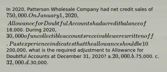 In 2020, Patterson Wholesale Company had net credit sales of 750,000. On January 1, 2020, Allowance for Doubtful Accounts had a credit balance of18,000. During 2020, 30,000 of uncollectible accounts receivable were written off. Past experience indicates that the allowance should be 10% of the balance in receivables (percentage-of-receivables basis). If the accounts receivable balance was200,000, what is the required adjustment to Allowance for Doubtful Accounts at December 31, 2020? a.20,000. b.75,000. c.32,000. d.30,000.