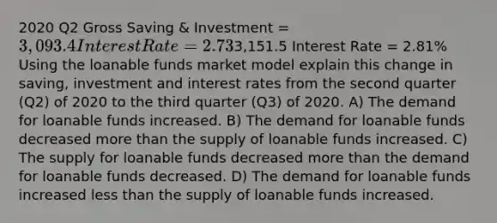 2020 Q2 Gross Saving & Investment = 3,093.4 Interest Rate = 2.73% 2020 Q3 Gross Saving and Investment =3,151.5 Interest Rate = 2.81% Using the loanable funds market model explain this change in saving, investment and interest rates from the second quarter (Q2) of 2020 to the third quarter (Q3) of 2020. A) The demand for loanable funds increased. B) The demand for loanable funds decreased more than the supply of loanable funds increased. C) The supply for loanable funds decreased more than the demand for loanable funds decreased. D) The demand for loanable funds increased less than the supply of loanable funds increased.