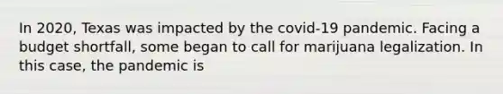 In 2020, Texas was impacted by the covid-19 pandemic. Facing a budget shortfall, some began to call for marijuana legalization. In this case, the pandemic is