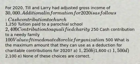 For 2020, Till and Larry had adjusted gross income of 30,000. Additional information for 2020 is as follows: Cash contribution to church 1,250 Tuition paid to a parochial school2,400 Contribution to a qualified charity 250 Cash contribution to a needy family100 Value of time donated to relief organization 500 What is the maximum amount that they can use as a deduction for charitable contributions for 2020? a) 1,250 b)1,600 c) 1,500 d)2,100 e) None of these choices are correct.