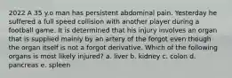 2022 A 35 y.o man has persistent abdominal pain. Yesterday he suffered a full speed collision with another player during a football game. It is determined that his injury involves an organ that is supplied mainly by an artery of the forgot even though the organ itself is not a forgot derivative. Which of the following organs is most likely injured? a. liver b. kidney c. colon d. pancreas e. spleen