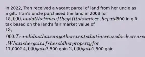 In 2022, Tran received a vacant parcel of land from her uncle as a gift. Tran's uncle purchased the land in 2008 for 15,000, and at the time of the gift to his niece, he paid500 in gift tax based on the land's fair market value of 13,000. Tran did not have any other events that increased or decreased her basis in the gift after she received it. What is her gain if she sold her property for17,000? 4,000 gain3,500 gain 2,000 gain1,500 gain