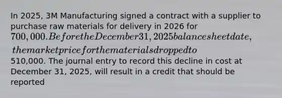 In 2025, 3M Manufacturing signed a contract with a supplier to purchase raw materials for delivery in 2026 for 700,000. Before the December 31, 2025 balance sheet date, the market price for the materials dropped to510,000. The journal entry to record this decline in cost at December 31, 2025, will result in a credit that should be reported