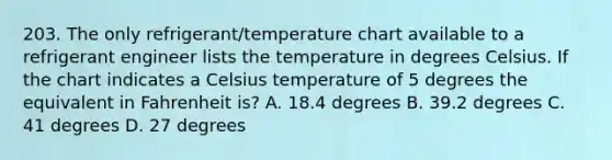 203. The only refrigerant/temperature chart available to a refrigerant engineer lists the temperature in degrees Celsius. If the chart indicates a Celsius temperature of 5 degrees the equivalent in Fahrenheit is? A. 18.4 degrees B. 39.2 degrees C. 41 degrees D. 27 degrees