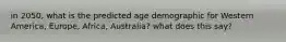 in 2050, what is the predicted age demographic for Western America, Europe, Africa, Australia? what does this say?