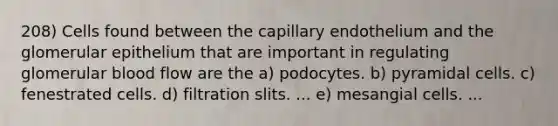 208) Cells found between the capillary endothelium and the glomerular epithelium that are important in regulating glomerular blood flow are the a) podocytes. b) pyramidal cells. c) fenestrated cells. d) filtration slits. ... e) mesangial cells. ...