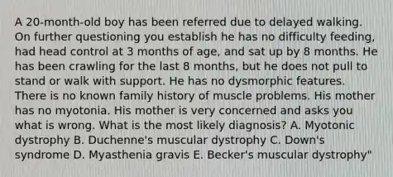 A 20-month-old boy has been referred due to delayed walking. On further questioning you establish he has no difficulty feeding, had head control at 3 months of age, and sat up by 8 months. He has been crawling for the last 8 months, but he does not pull to stand or walk with support. He has no dysmorphic features. There is no known family history of muscle problems. His mother has no myotonia. His mother is very concerned and asks you what is wrong. What is the most likely diagnosis? A. Myotonic dystrophy B. Duchenne's muscular dystrophy C. Down's syndrome D. Myasthenia gravis E. Becker's muscular dystrophy"