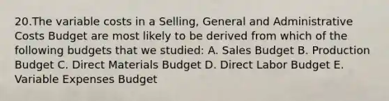 20.The variable costs in a Selling, General and Administrative Costs Budget are most likely to be derived from which of the following budgets that we studied: A. Sales Budget B. Production Budget C. Direct Materials Budget D. Direct Labor Budget E. Variable Expenses Budget