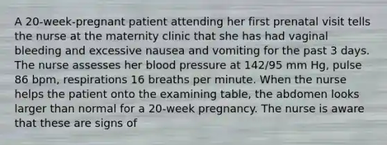 A 20-week-pregnant patient attending her first prenatal visit tells the nurse at the maternity clinic that she has had vaginal bleeding and excessive nausea and vomiting for the past 3 days. The nurse assesses her <a href='https://www.questionai.com/knowledge/kD0HacyPBr-blood-pressure' class='anchor-knowledge'>blood pressure</a> at 142/95 mm Hg, pulse 86 bpm, respirations 16 breaths per minute. When the nurse helps the patient onto the examining table, the abdomen looks larger than normal for a 20-week pregnancy. The nurse is aware that these are signs of