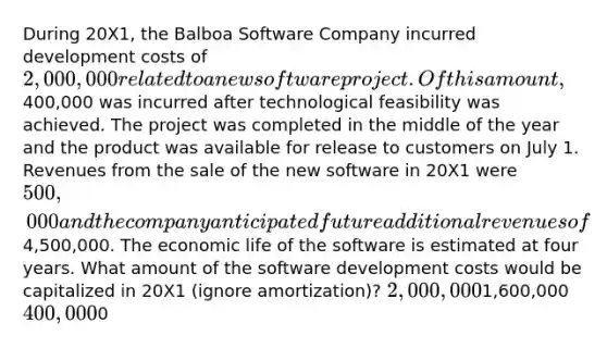 During 20X1, the Balboa Software Company incurred development costs of 2,000,000 related to a new software project. Of this amount,400,000 was incurred after technological feasibility was achieved. The project was completed in the middle of the year and the product was available for release to customers on July 1. Revenues from the sale of the new software in 20X1 were 500,000 and the company anticipated future additional revenues of4,500,000. The economic life of the software is estimated at four years. What amount of the software development costs would be capitalized in 20X1 (ignore amortization)? 2,000,0001,600,000 400,0000