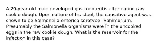 A 20-year old male developed gastroenteritis after eating raw cookie dough. Upon culture of his stool, the causative agent was shown to be Salmonella enterica serotype Typhimurium. Presumably the Salmonella organisms were in the uncooked eggs in the raw cookie dough. What is the reservoir for the infection in this case?