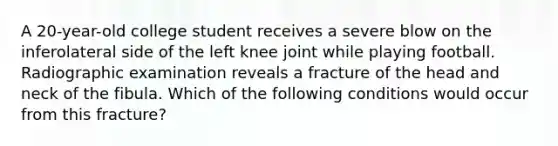 A 20-year-old college student receives a severe blow on the inferolateral side of the left knee joint while playing football. Radiographic examination reveals a fracture of the head and neck of the fibula. Which of the following conditions would occur from this fracture?